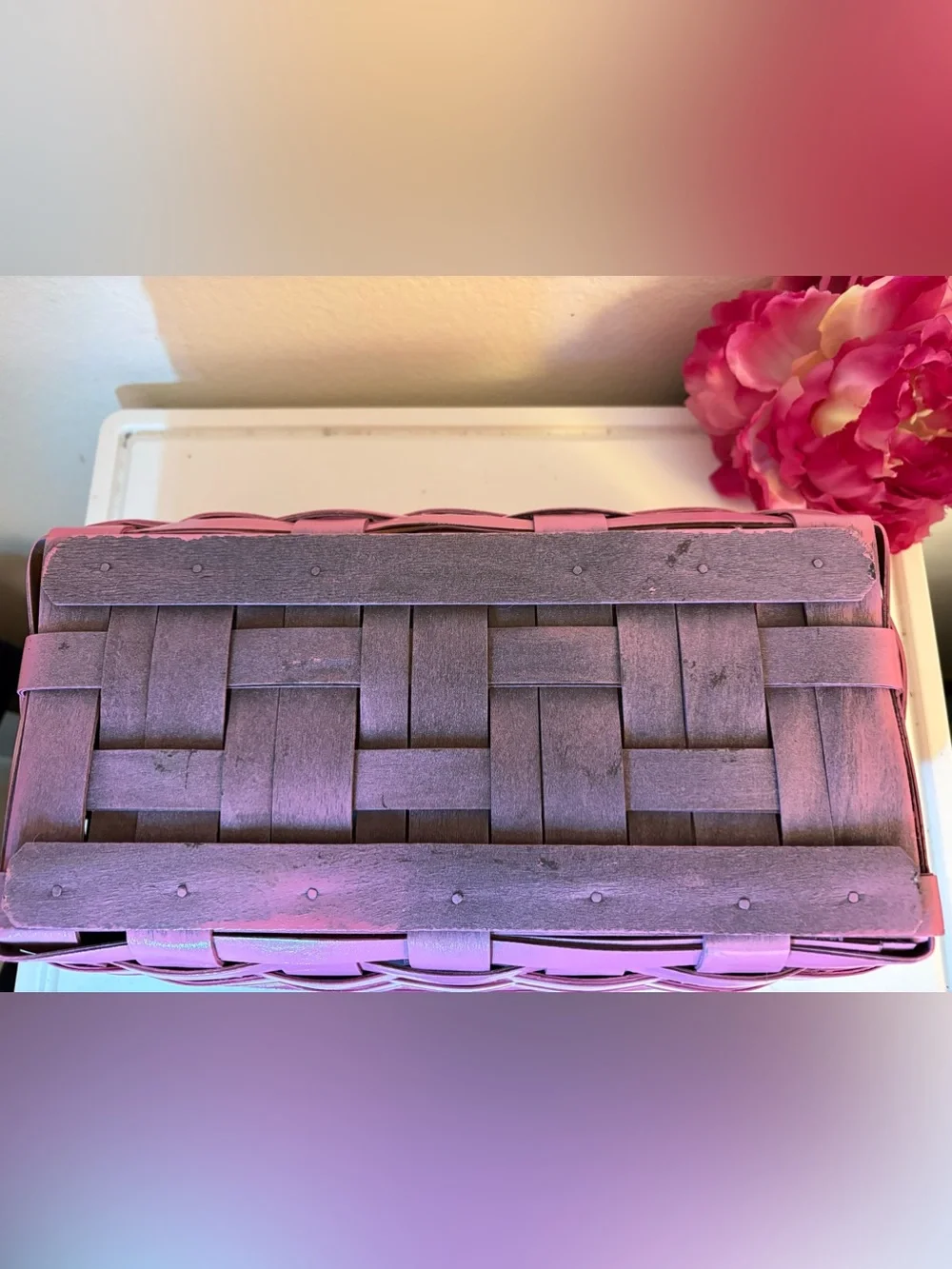 Vintage Longaberger Large Tissue Basket with Wood Lid, Painted Pink Gloss